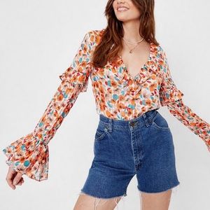 Floral Flute Sleeve V Neck Blouse